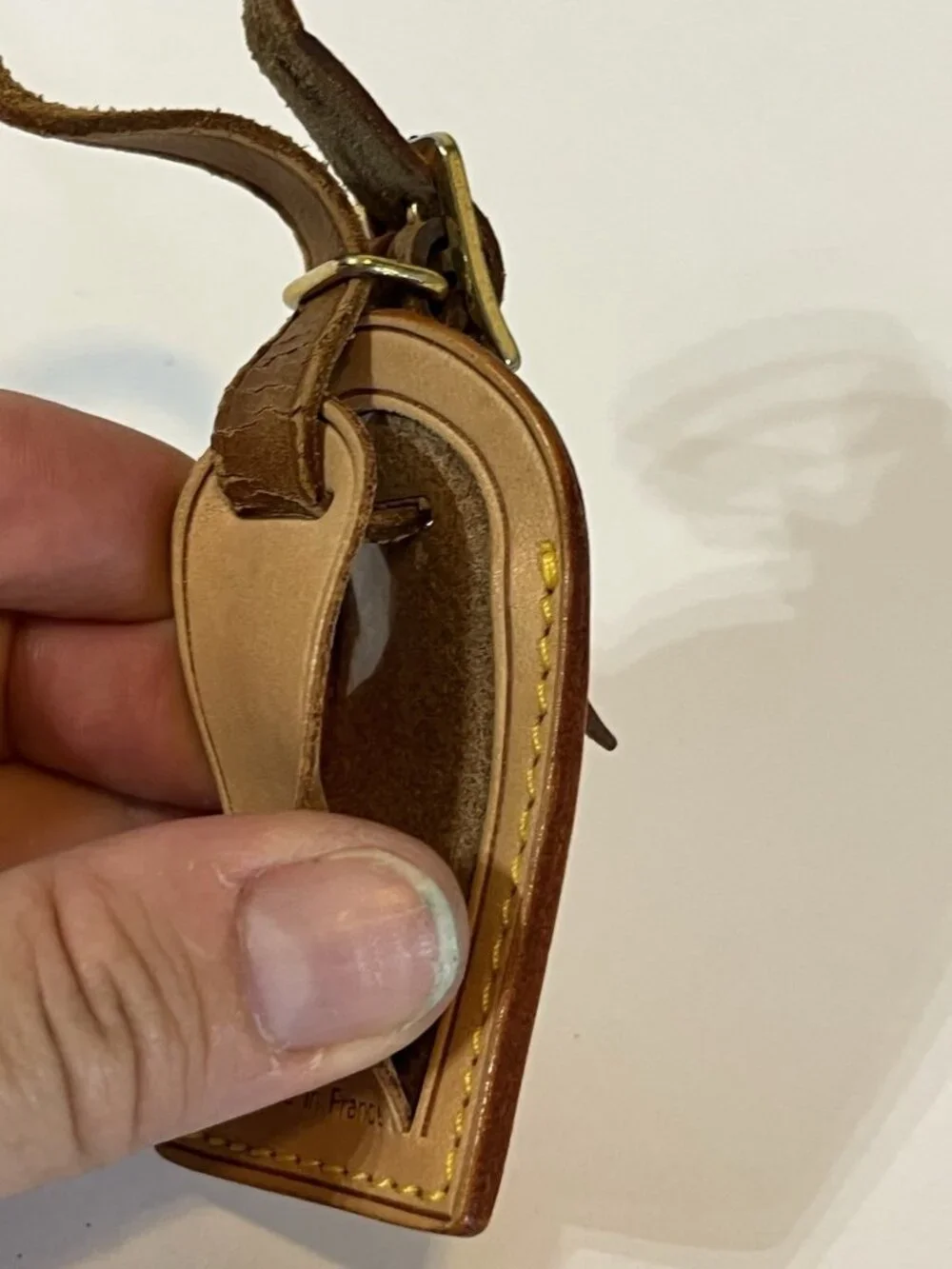 Authentic Louis Vuitton Vachetta Leather Luggage Tag Brass Buckle *Initials KM*